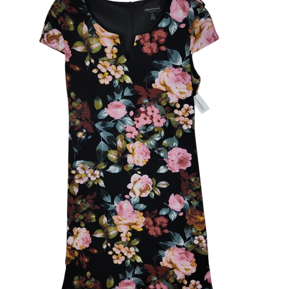 NWT, Dressbarn, Women's black floral dress. Has cap sleeves. Slim fit, Size 12 - Picture 4 of 7